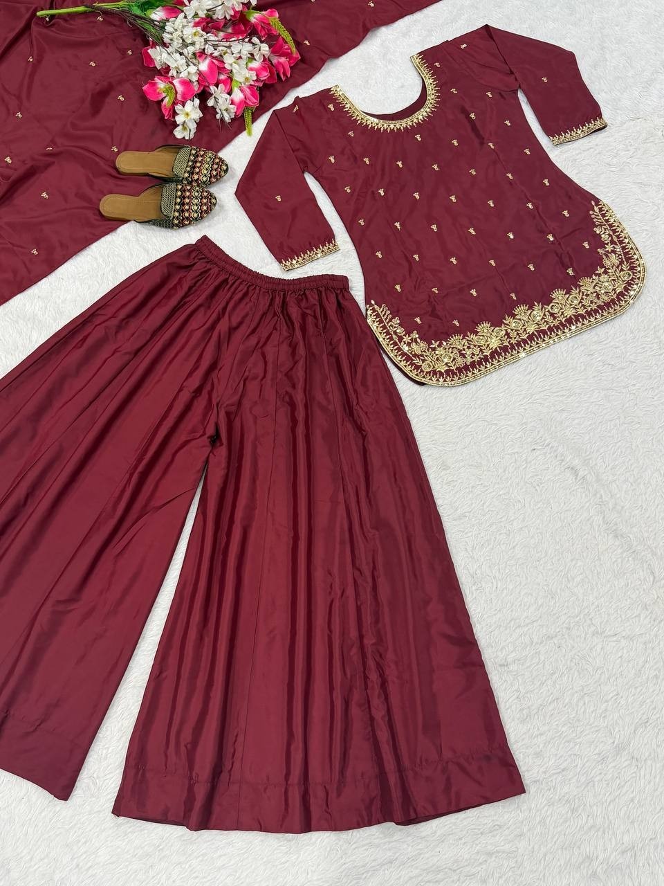 Latest Natural Crepe Silk Maroon Top Palazzo With Dupatta For Reception Wear