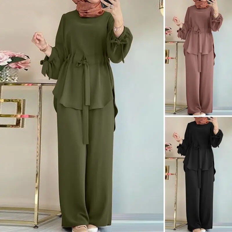 Women Islamic Muslim Casual Kaftan Abaya Arab Dress Belted Tops Pants 2PCS Sets