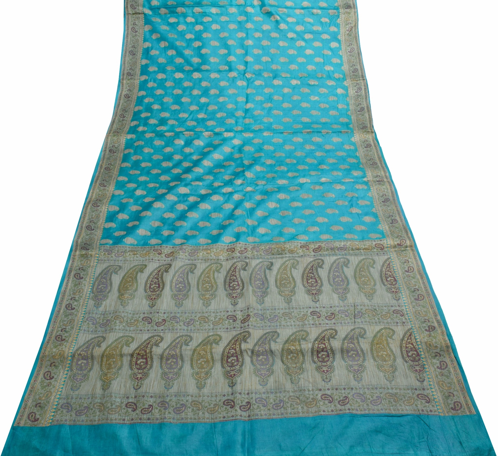 Sushila Vintage Turquoise Blue Saree Pure Tussar Silk Paisley Woven Sari Fabric