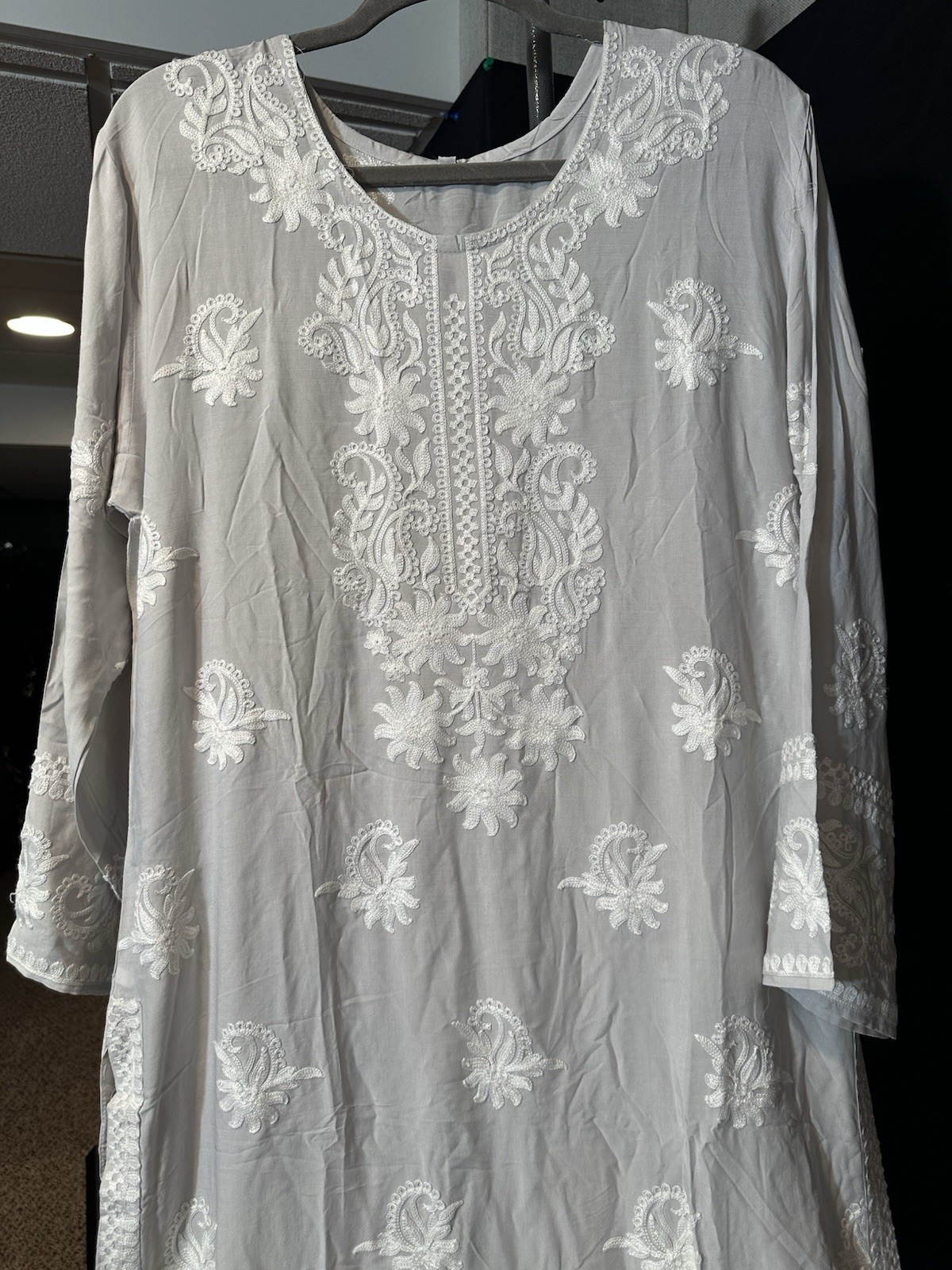 Beautiful soft linen Front & back emb-3 pc suit-emb plazo, laced dupatta-$40