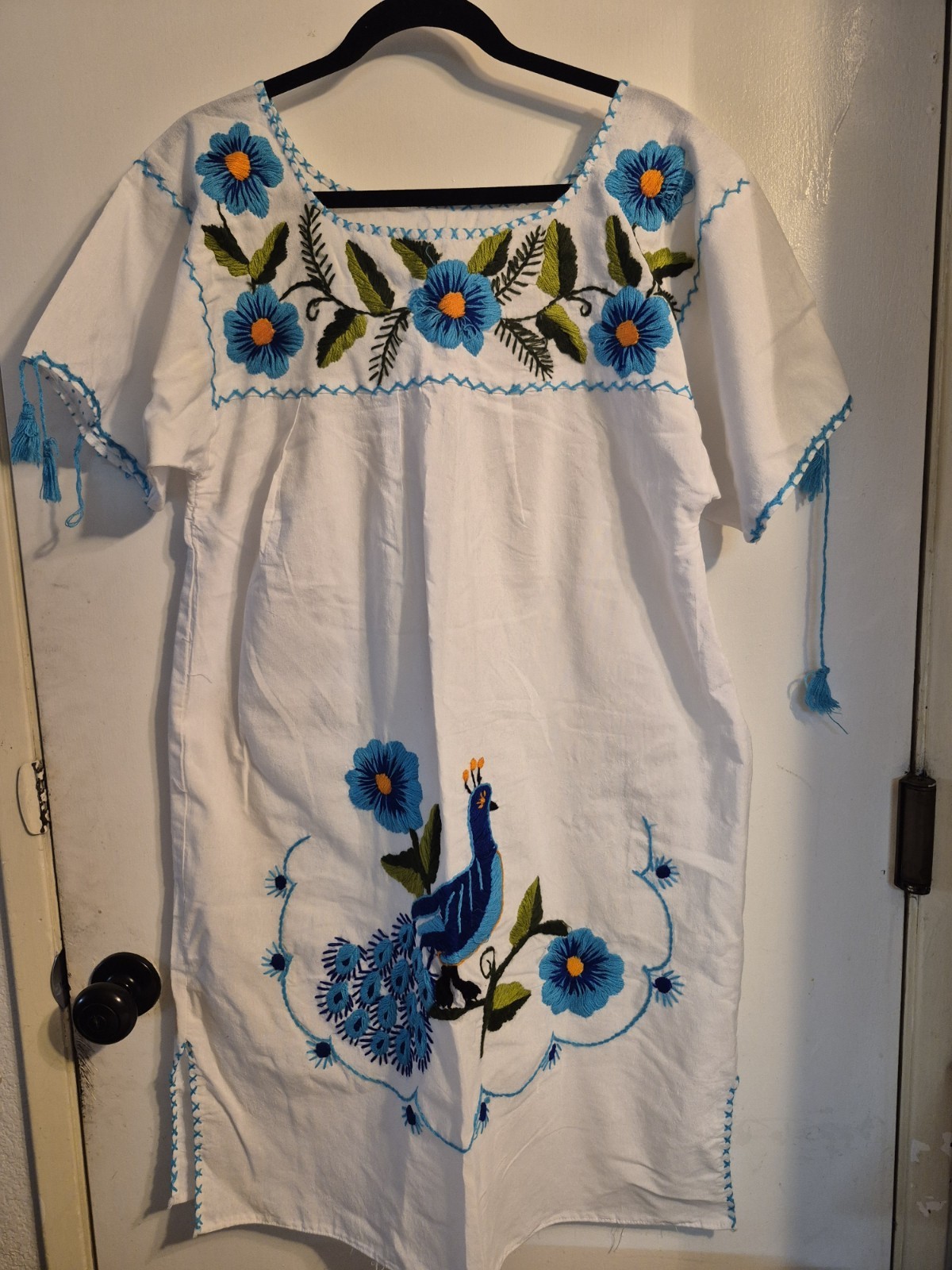 Handmade traditional puebla mexican embroidered White dress with blue floral.c1