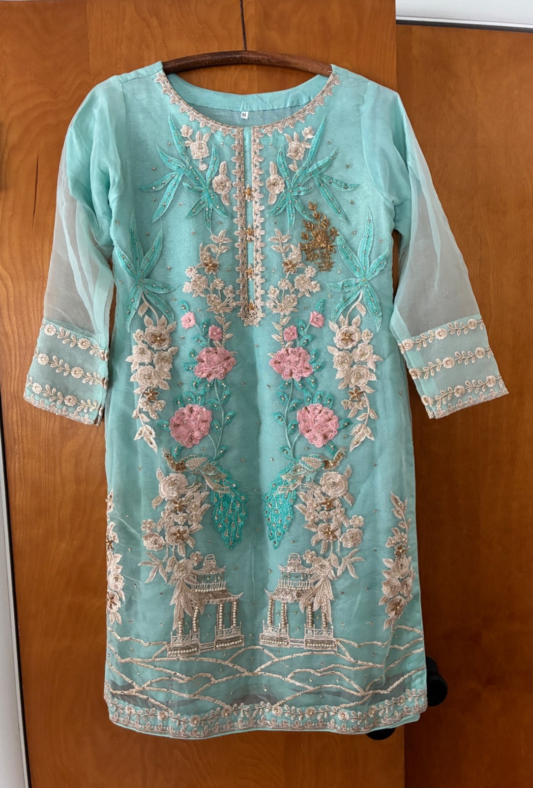 Agha Noor Embroidered Designer Gold turquoise blue pink Pakistani Dress Medium