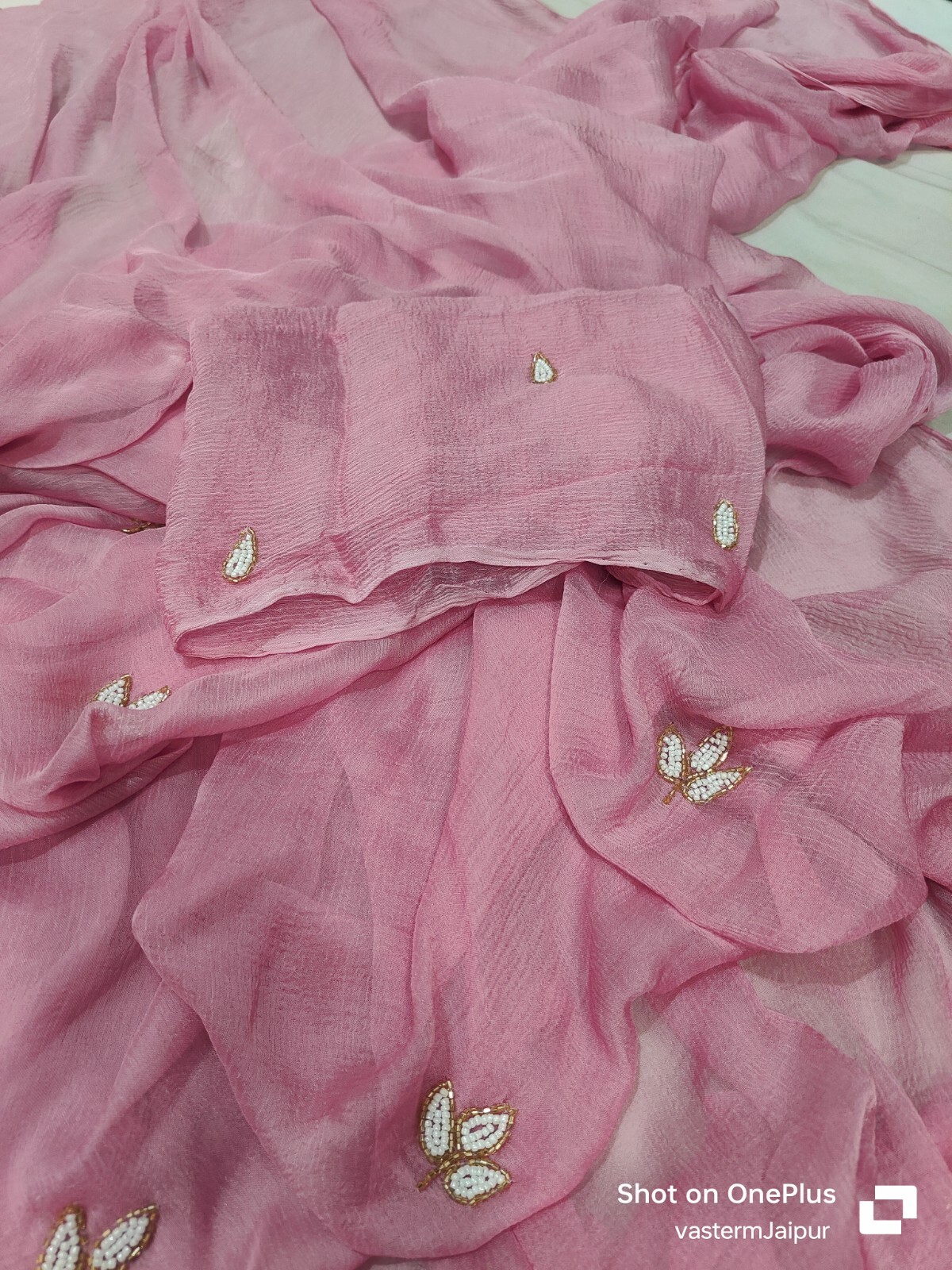 Chiffon Saree Blouse Hand Pearls Work Saree Women Wedding Partywear Fancy Saree