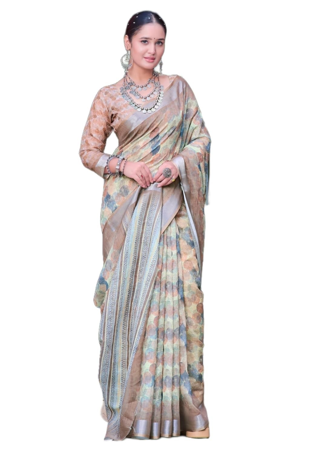 Women’s Cotton Linen Floral Printed Zari Boarder Saree With Unstitched Blouse