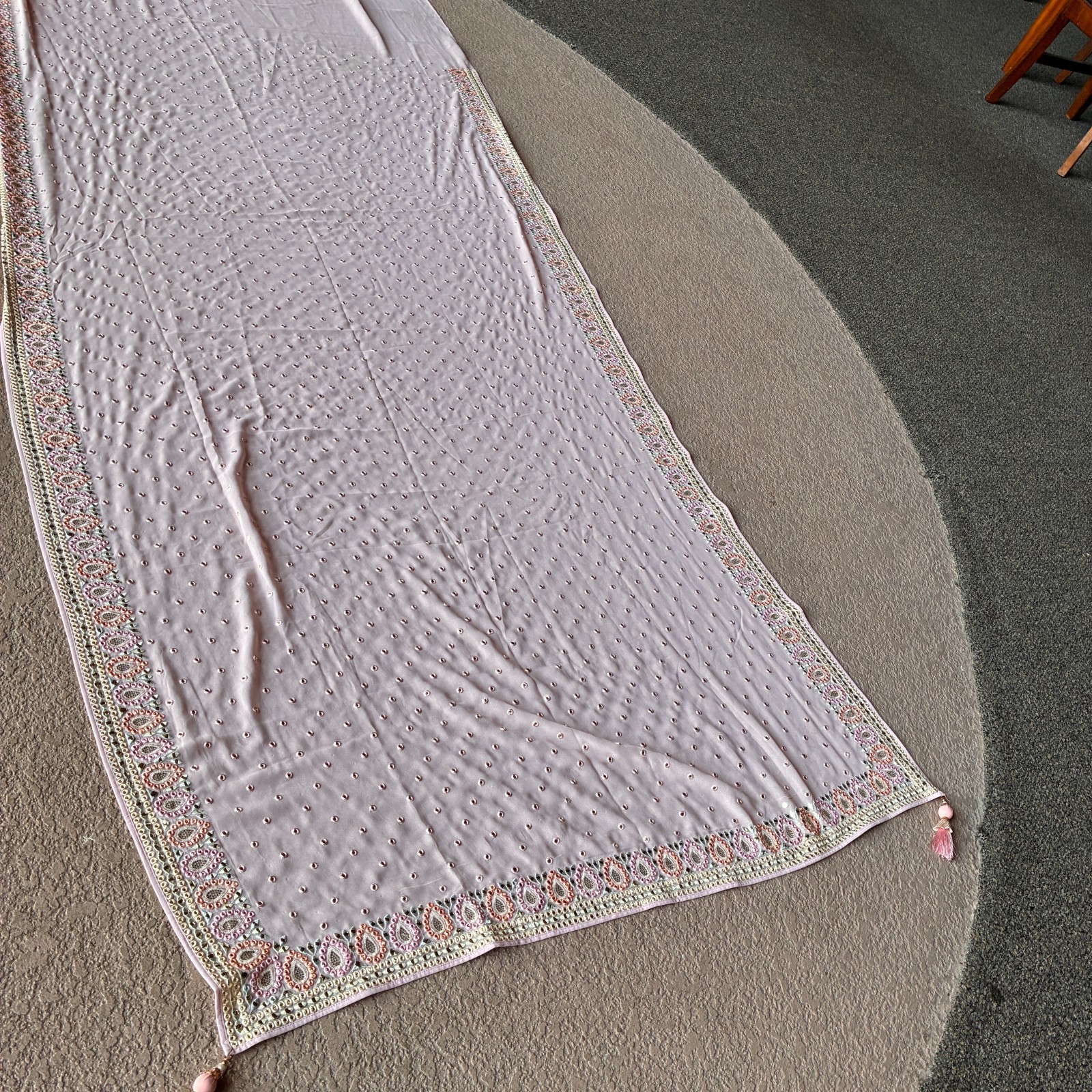 Pink Chiffon Sari w/ Peach and Pink Embroidered Embellishments/Tiny Rhinestones