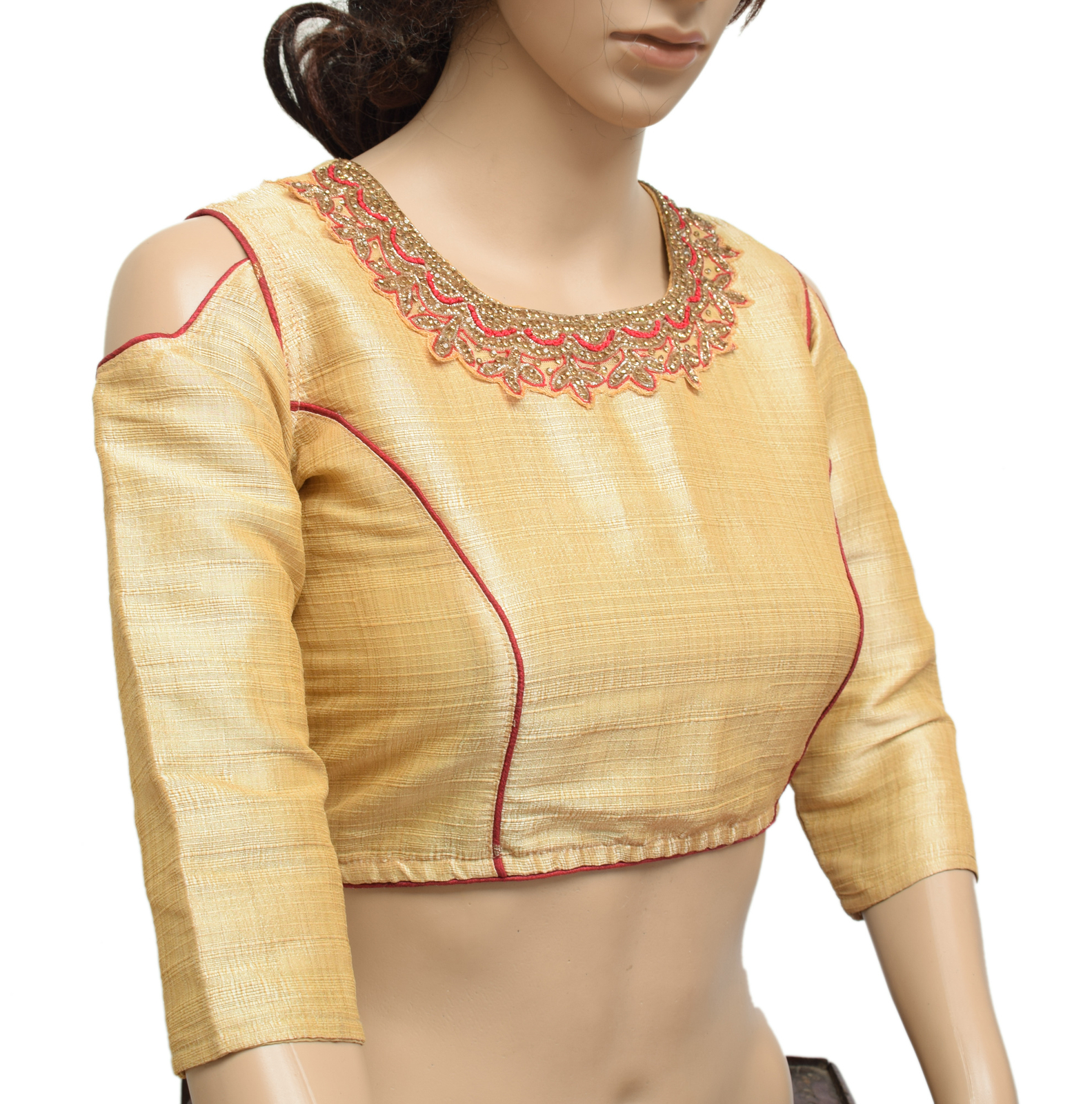 Sushila Vintage Readymade Stitched Shoulder Cut Sari Blouse Silk Cream Choli