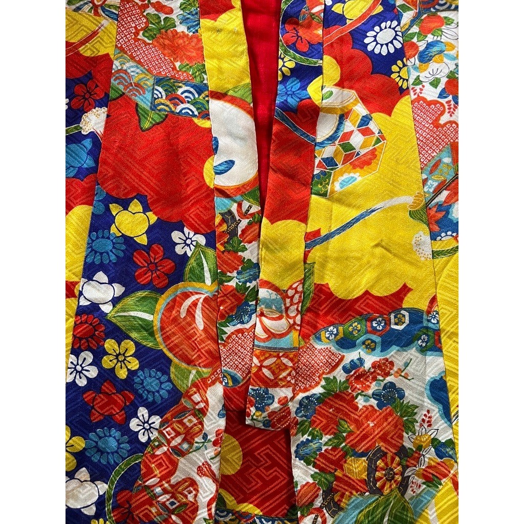 Vintage 70s Handmade Kimono Robe Japanese Childrens Multicolor Floral Fruit