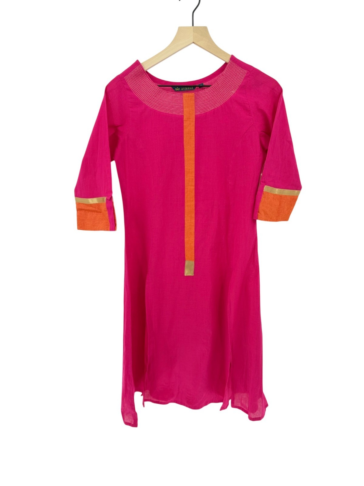 AVAASA Indian Kurti Tunic Dress Pink Orange Gold Women’s Size S 3/4 Sleeve EUC
