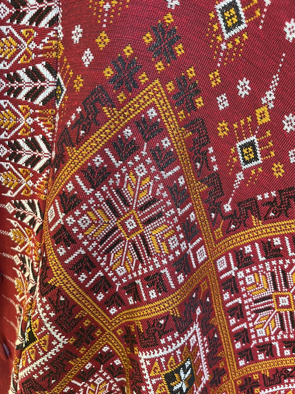 Bohemian VTG Red Handwoven Dress Praewa Silk Fabric Button-Front Maxi Thailand S