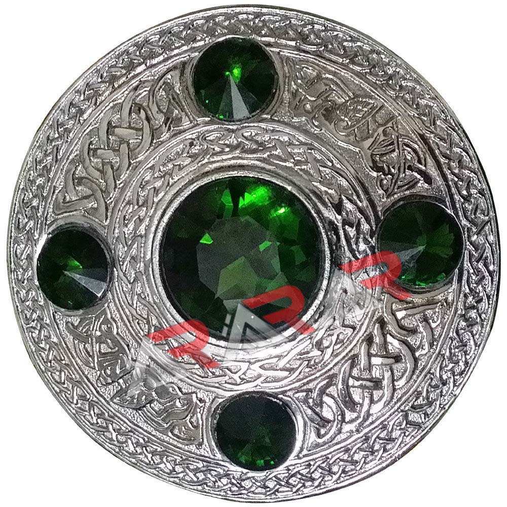 AAR Celtic Kilt Fly Plaid Brooch Green Stones Silver Finish 4″/Scottish/Highland