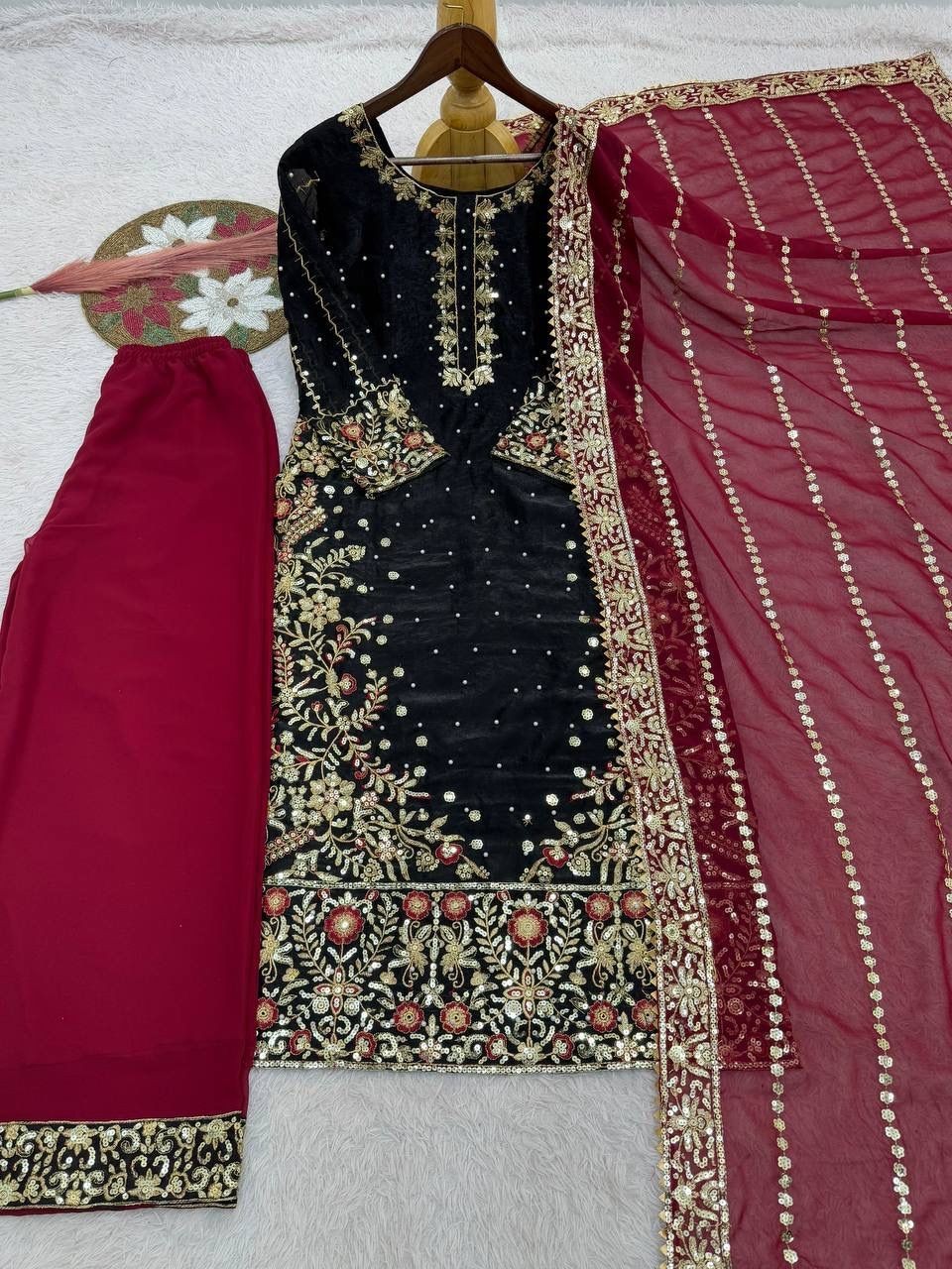 New Designer Heavy Silk Black Kurta Palazzo With Dupatta For Reception Wear