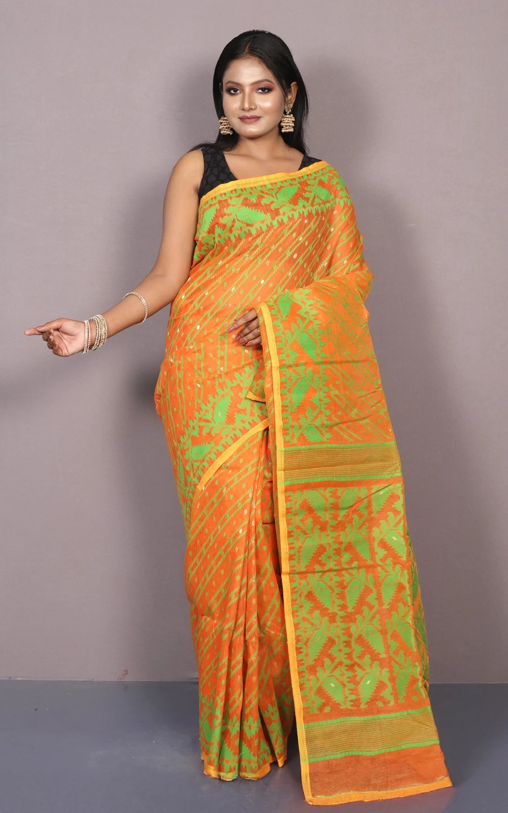 Women’s Orange Cotton Muslin Soft Jamdani Saree Nakshi Work & Unstitched Blouse