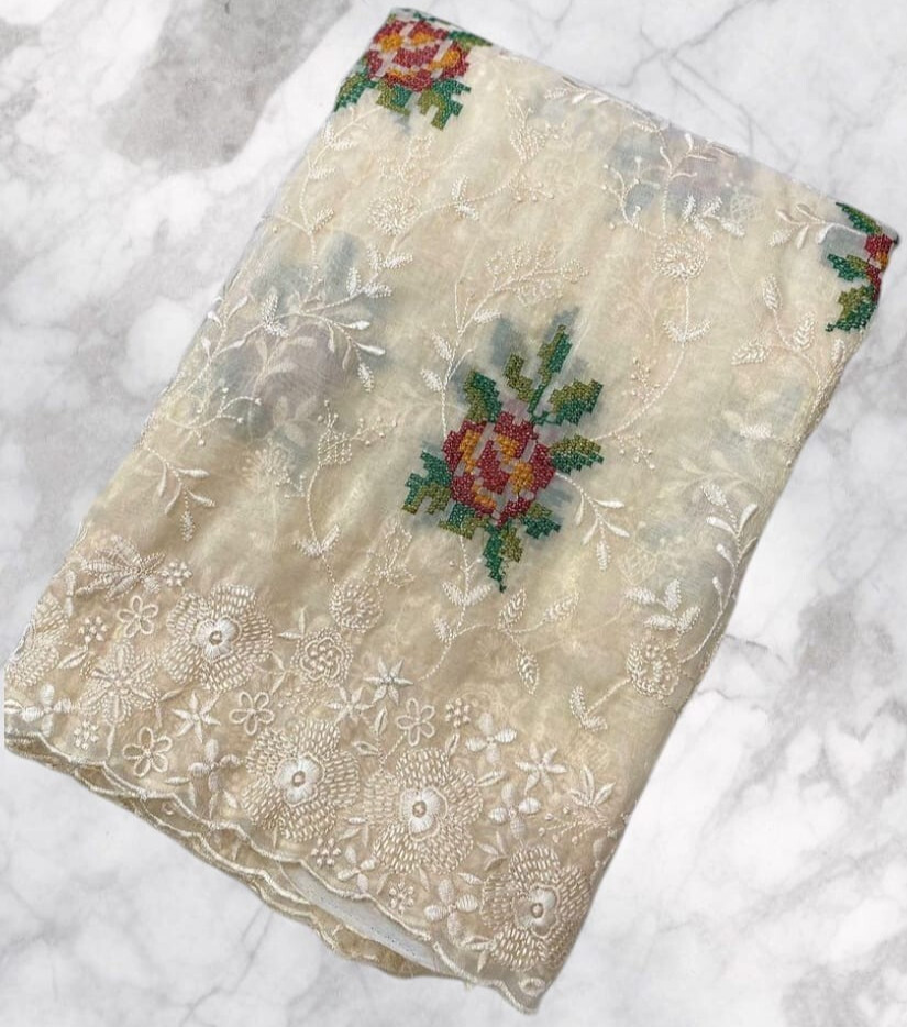 Beautiful Zari Chiffon Cutwork & Embroidery Work Saree,Designer Sarees For Women