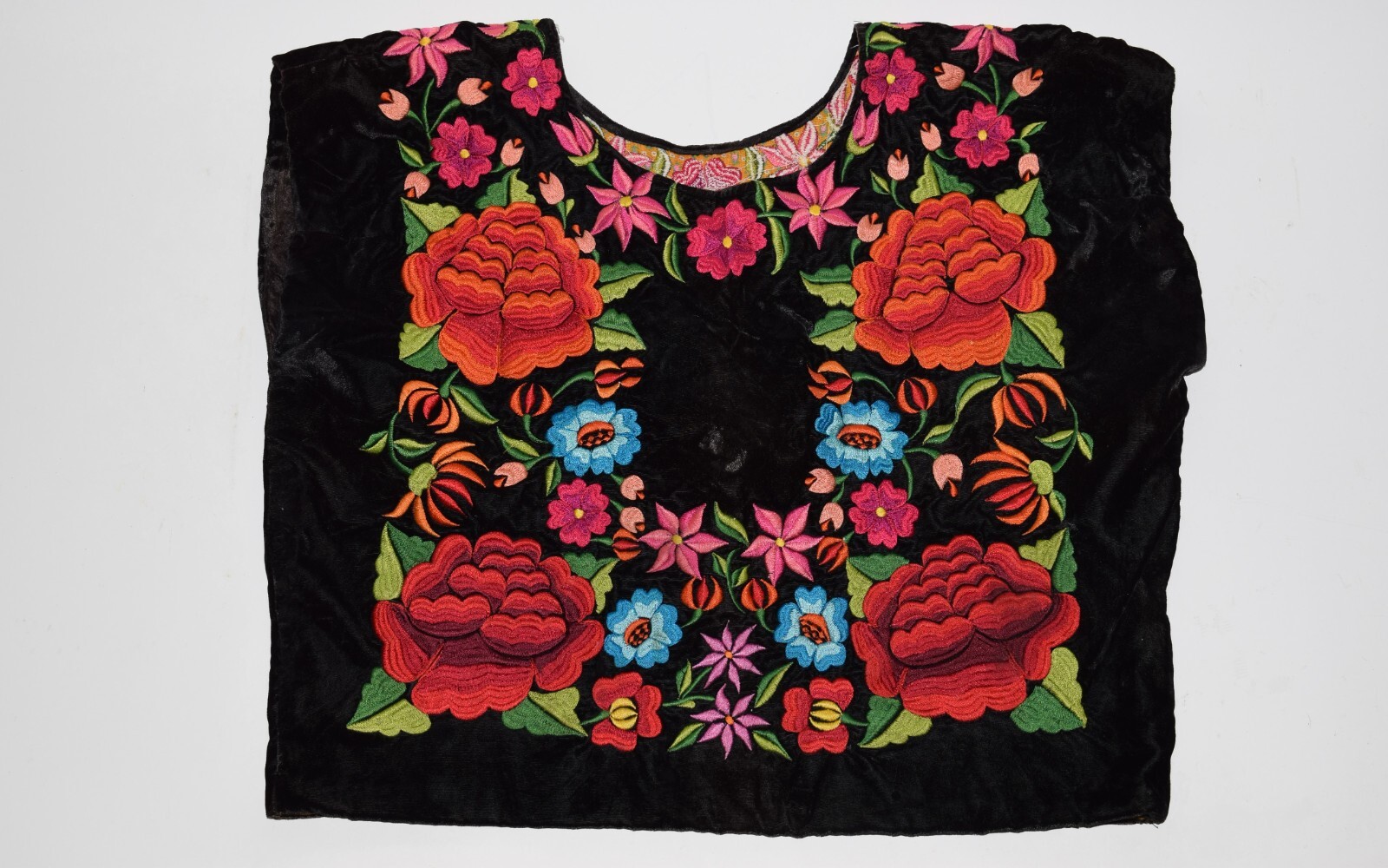 Black Velvet Mexican Folk Blouse Shirt Heavily Embroidered Multicolored Flowers