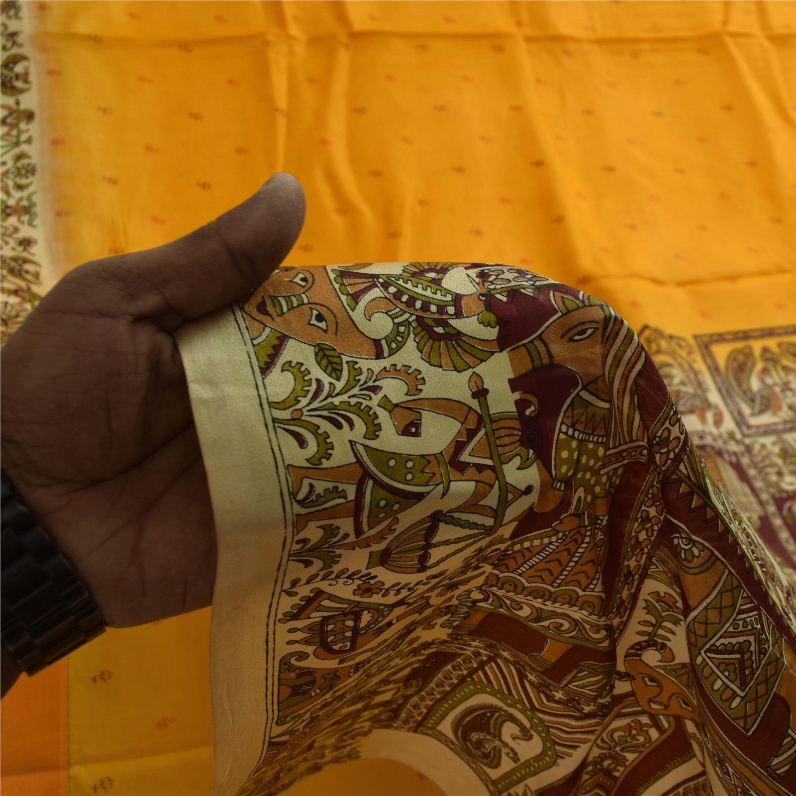 Sanskriti Vintage Sarees Yellow Pure Silk Human Animal Printed Sari 5+Yd Fabric