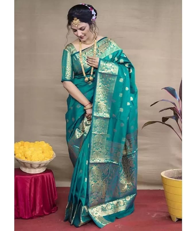 Rama Color Women’s Pure Soft Silk Saree With Blouse Piece For Wedding AN6