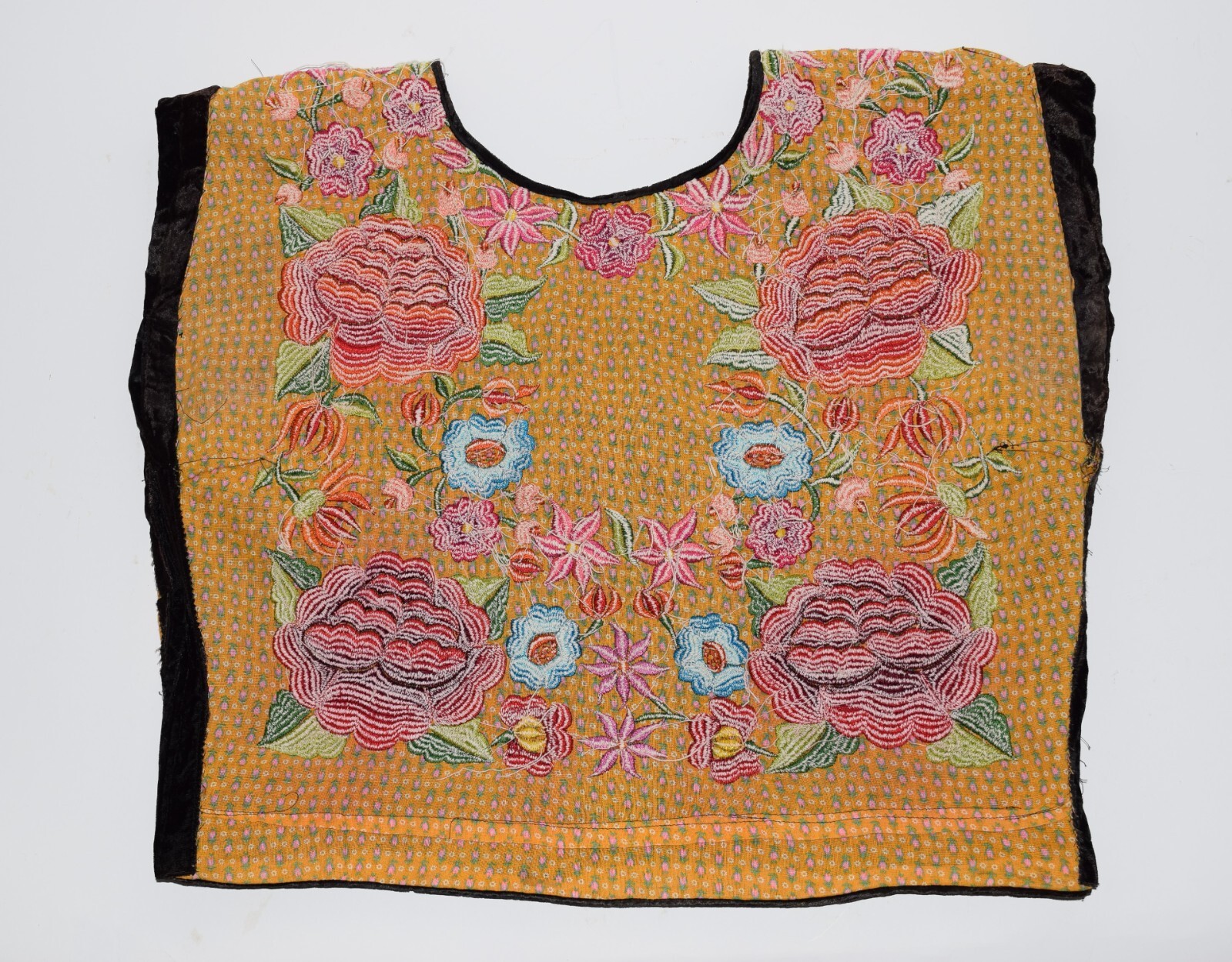 Black Velvet Mexican Folk Blouse Shirt Heavily Embroidered Multicolored Flowers