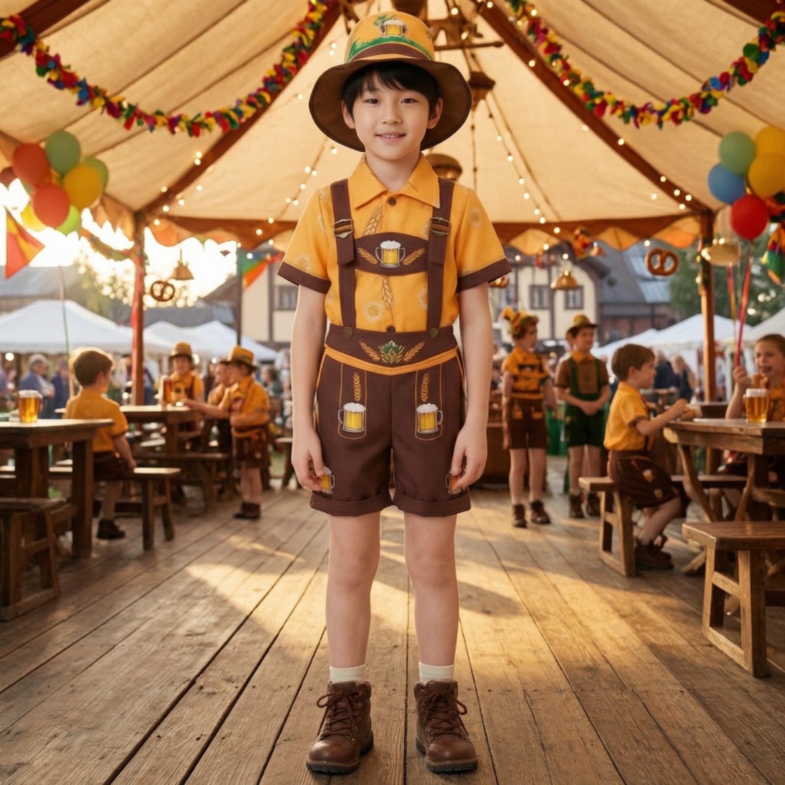 German Costume with Hat Kids Lederhosen Attire Short-Sleeve for Halloween