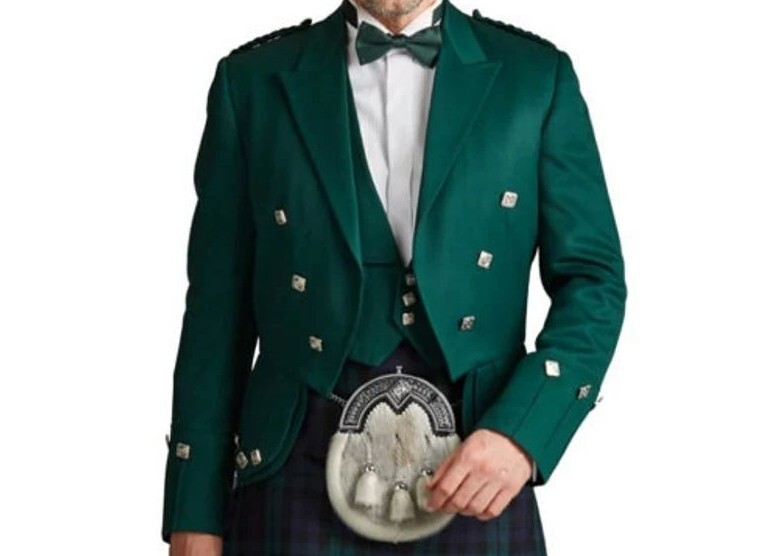 Men’s Green Prince Charlie Kilt Jacket With Vest Men’s 100% Wool Wedding Jacket