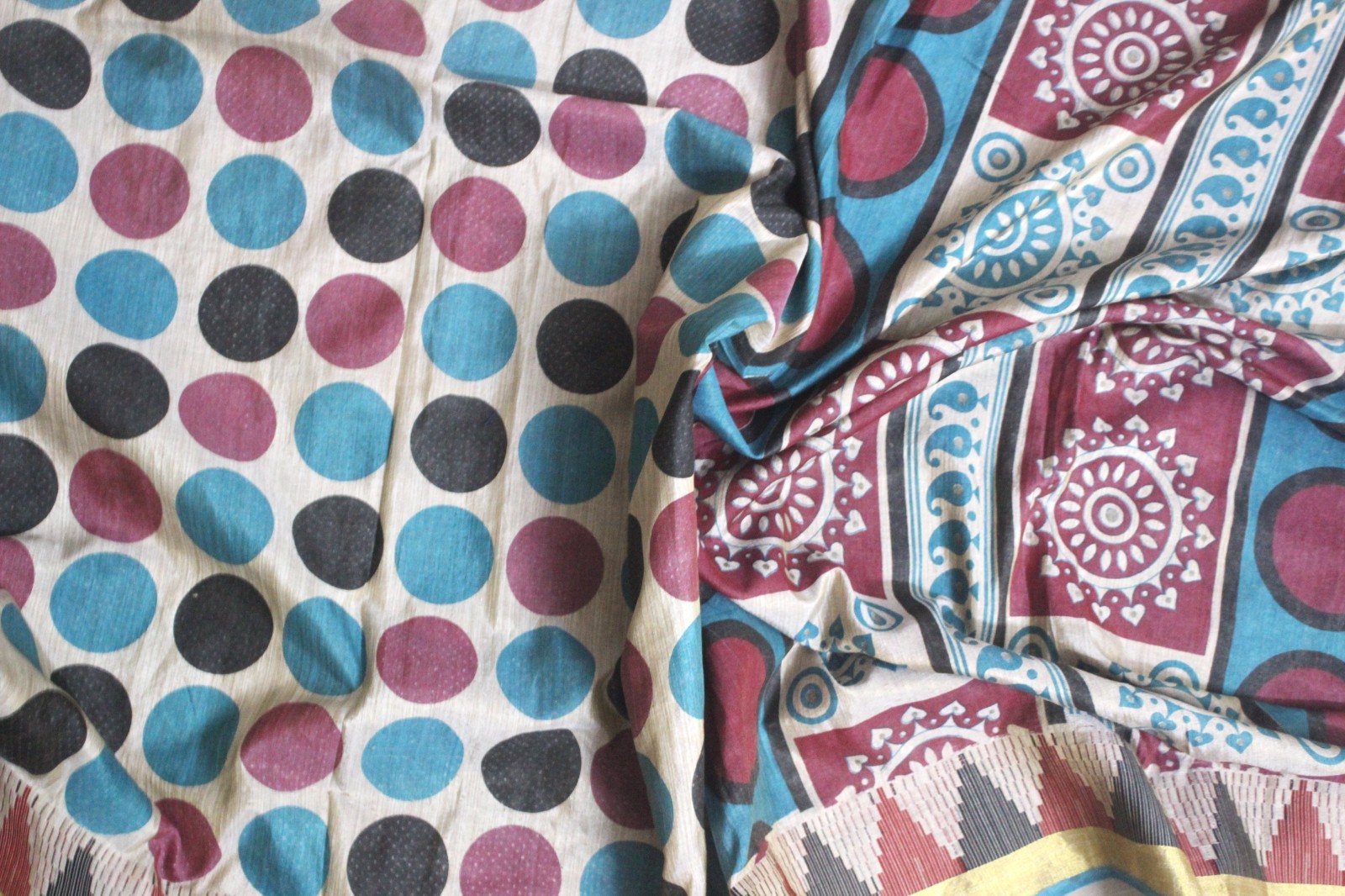 Indian Beige Dress Sari Cotton Used Printed Home Decor Vintage Sewing Sari Quilt
