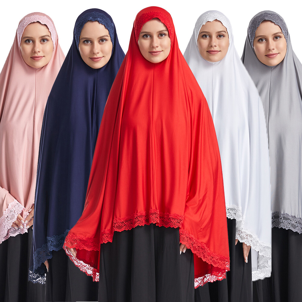 Muslim Women Ramadan Scarf Hijab Islam Prayer Turban Amair Lace Trim Headcover