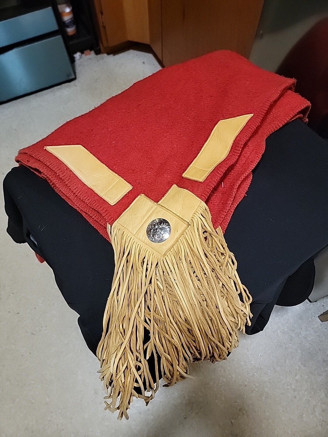 100% Red Wool Blanket Robe With Leather Trim & Concho