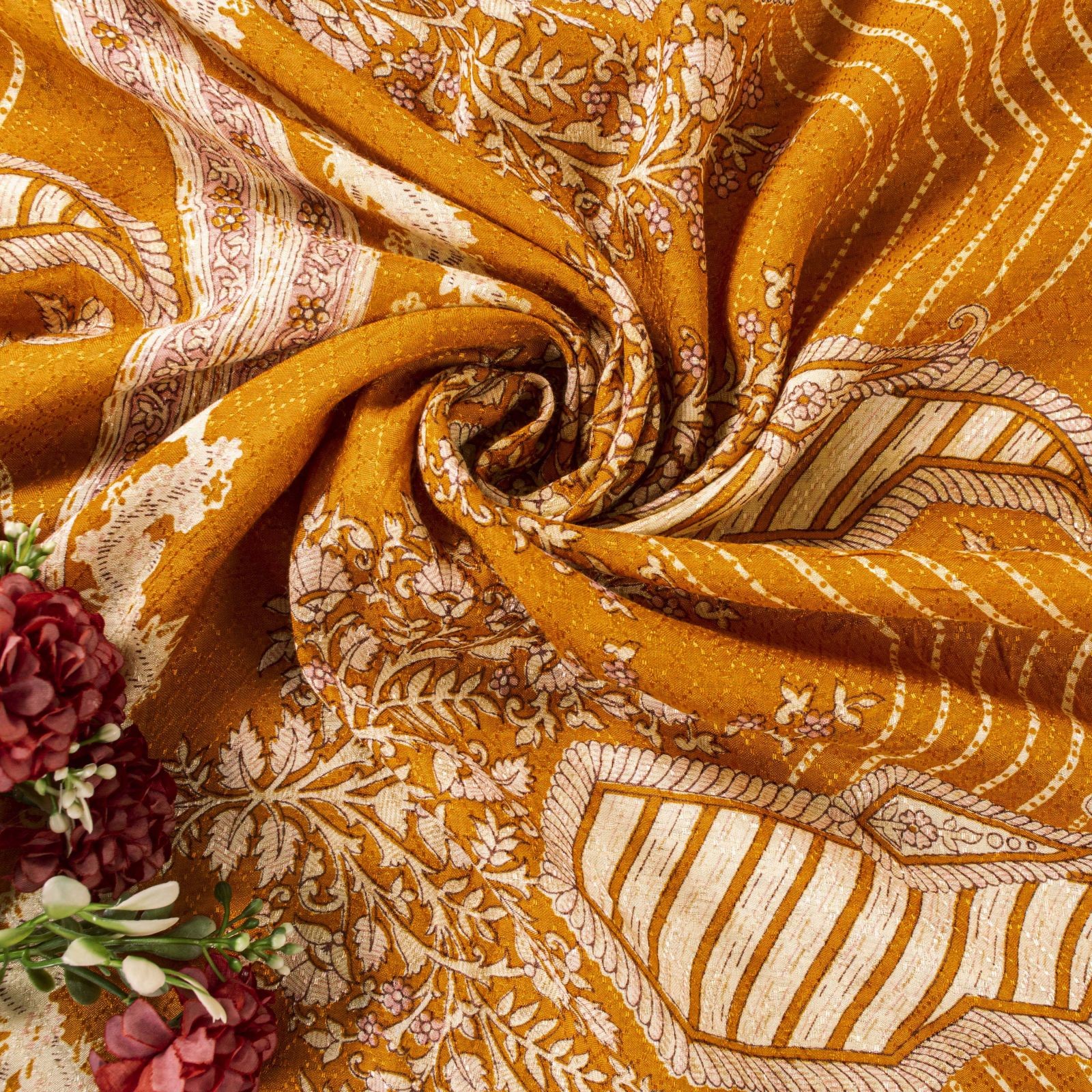 Sanskriti Vintage Saree Off-White-Brown Cotton Silk Print-Woven Sari 5+Yd Fabric