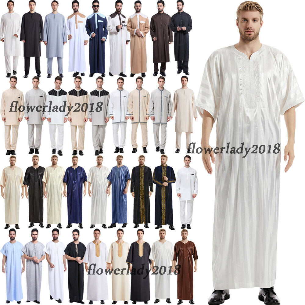 Men Thobe Jubba Eid Ramadan Dishdasha Thoub Islamic Muslim Abaya Dress Robe Gown