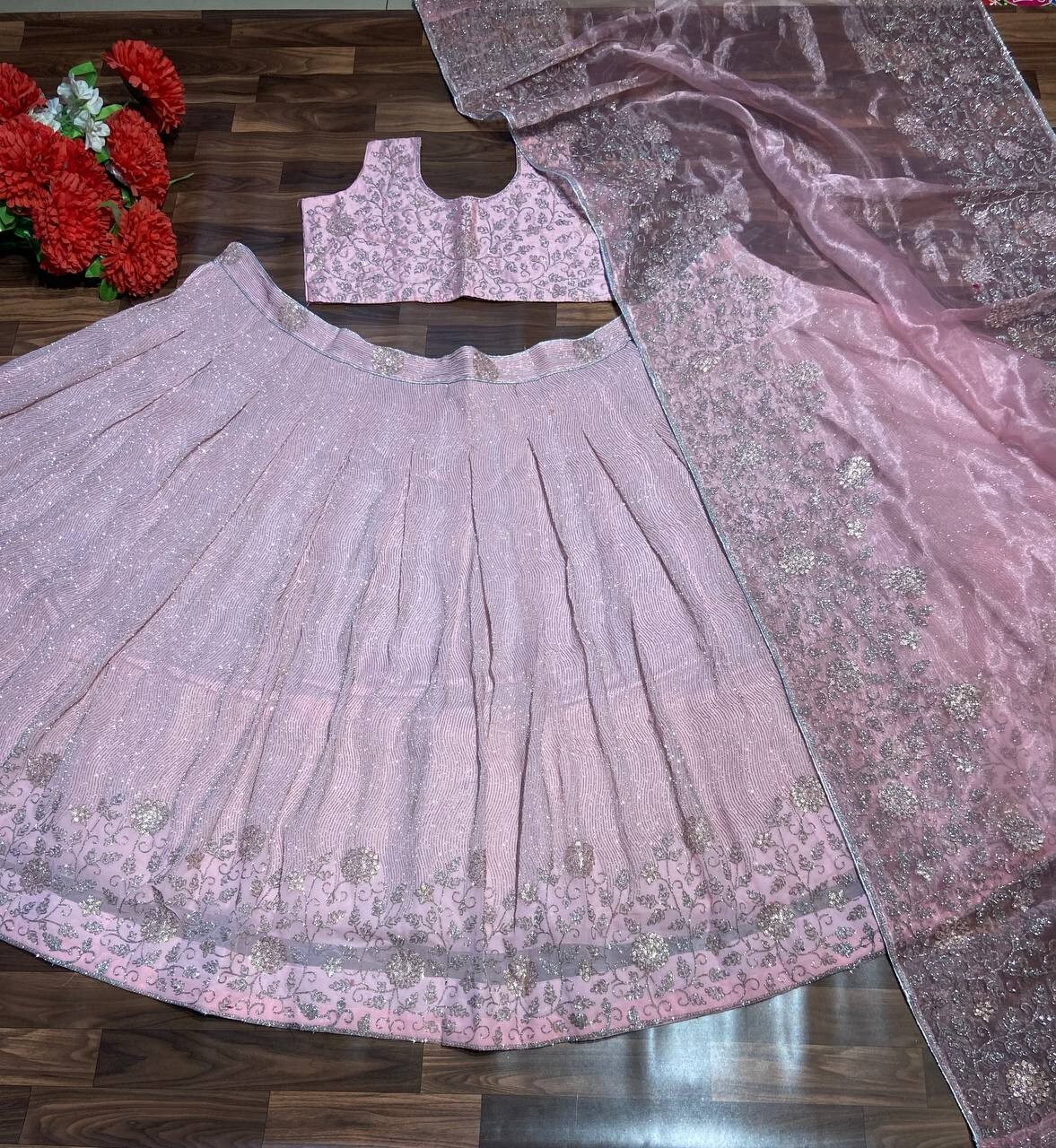 Presenting New Georgette Lehenga Choli With Light Pink Dupatta For Reception