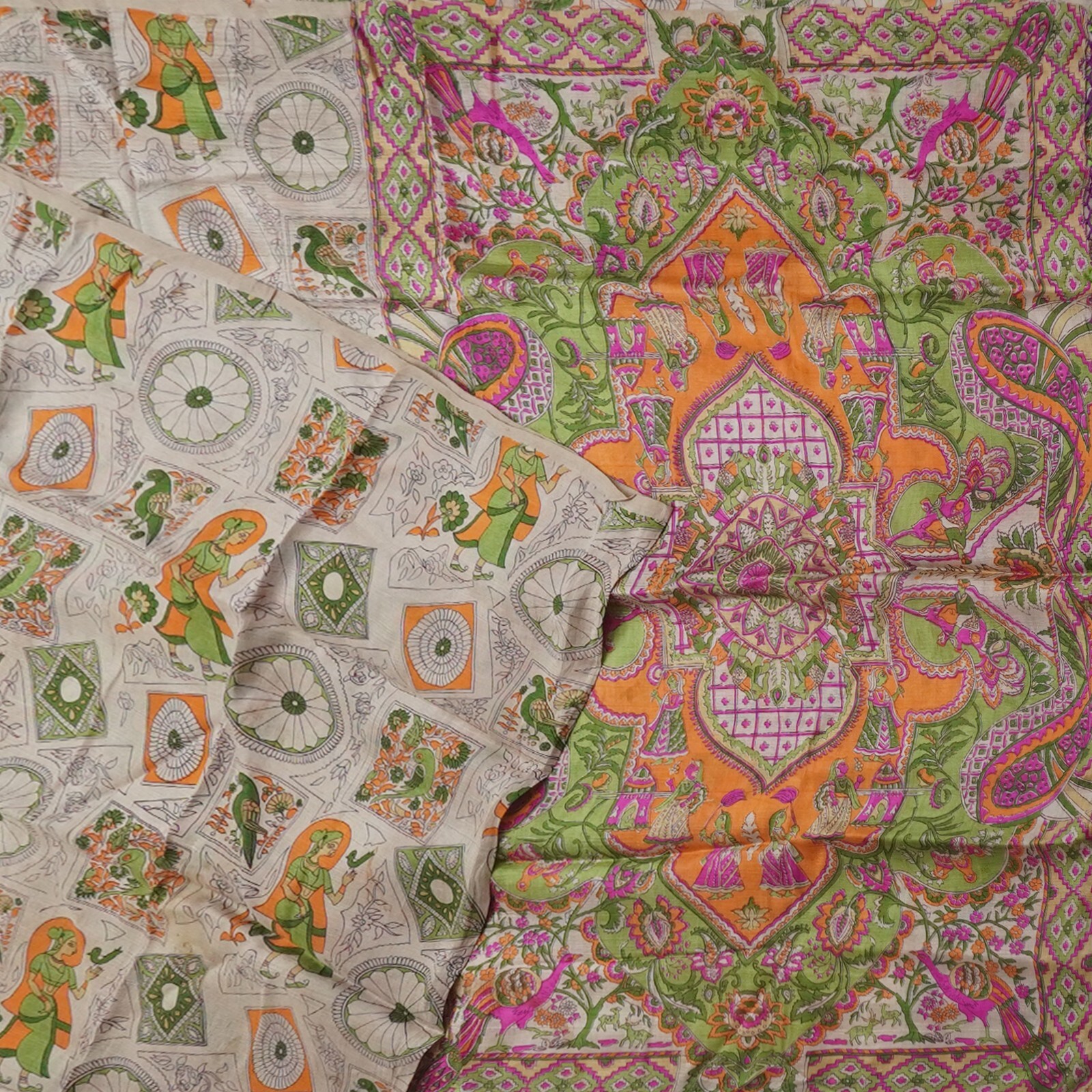 Namaste Vintage Pink Sarees 100% Pure Silk Parrot Printed Sari 5YD Craft Fabric