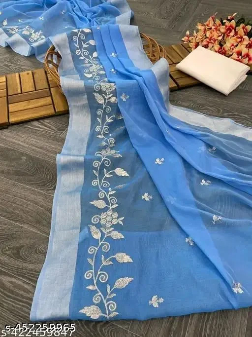 Women Cottan linen Embroidery work Saree