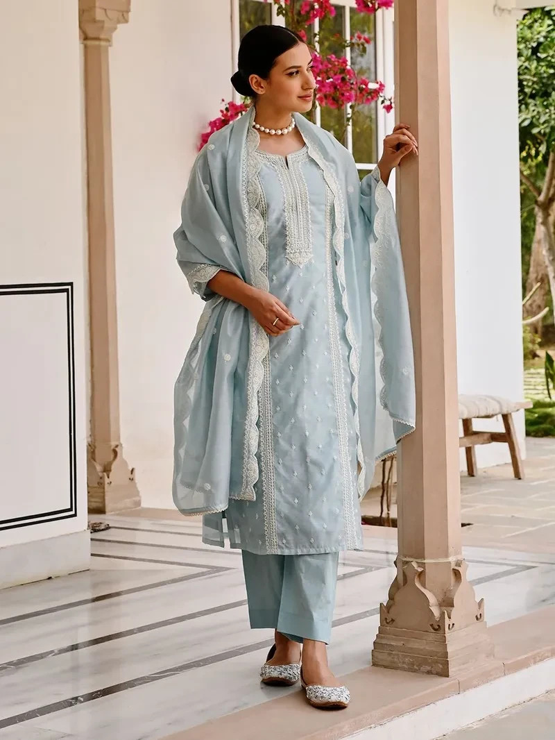 Elegant Light Blue Embroidered Kurta Set for Women with Dupatta | (NF-13)