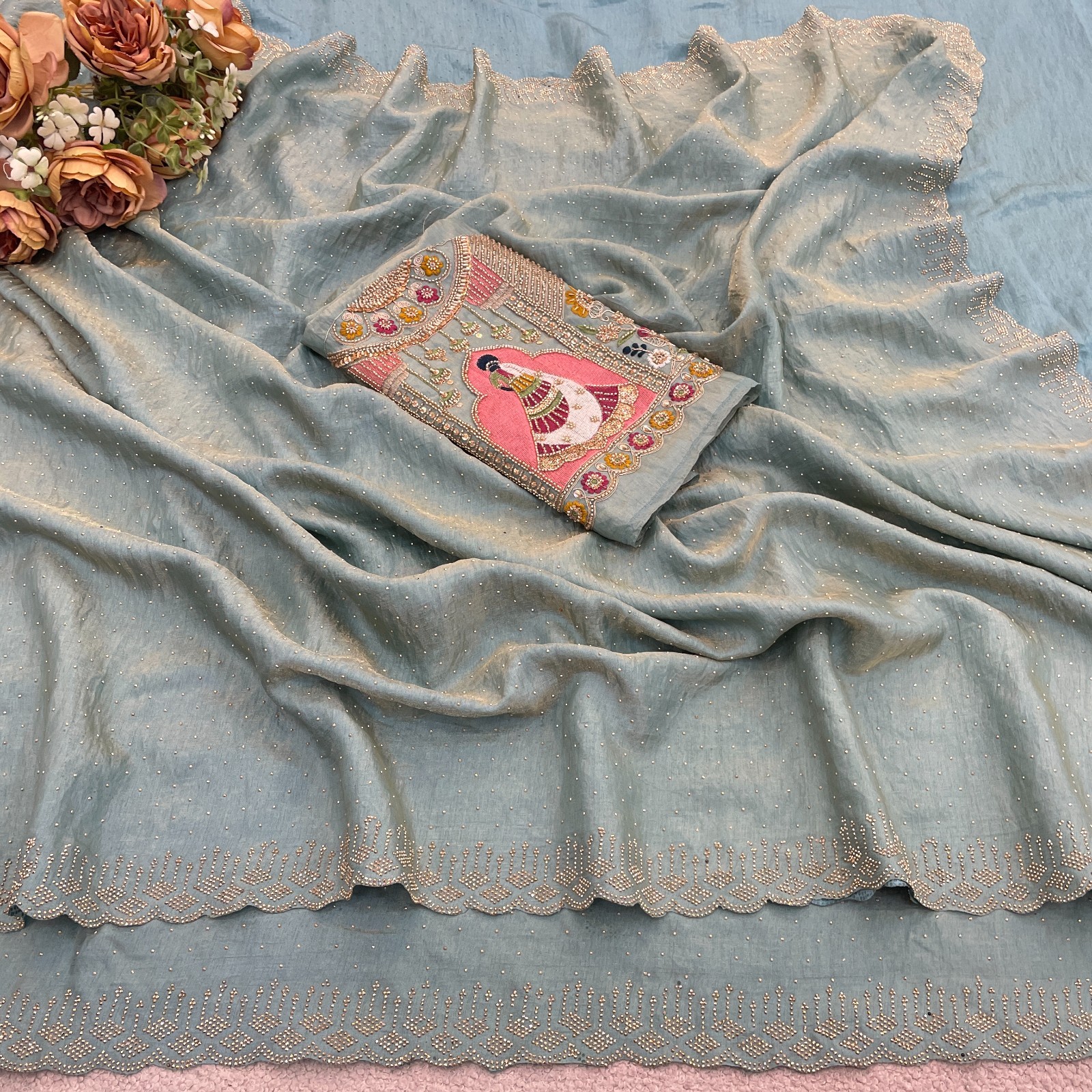 Sky Blue Glory Satin Two-Tone Saree Heavy Embroidered Designer Blouse Wedding
