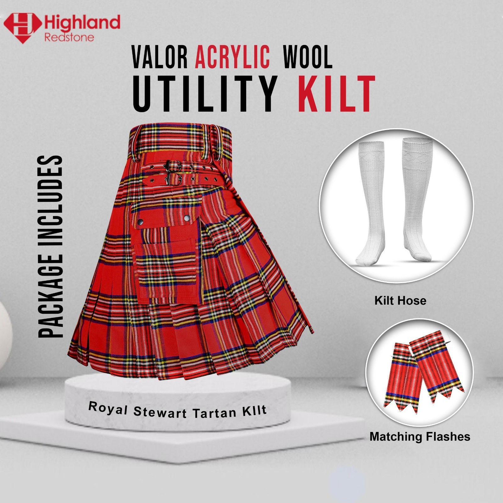 Royal Stewart Tartan Utility Kilt Package – Acrylic Wool Kilt, Hose, Flashes