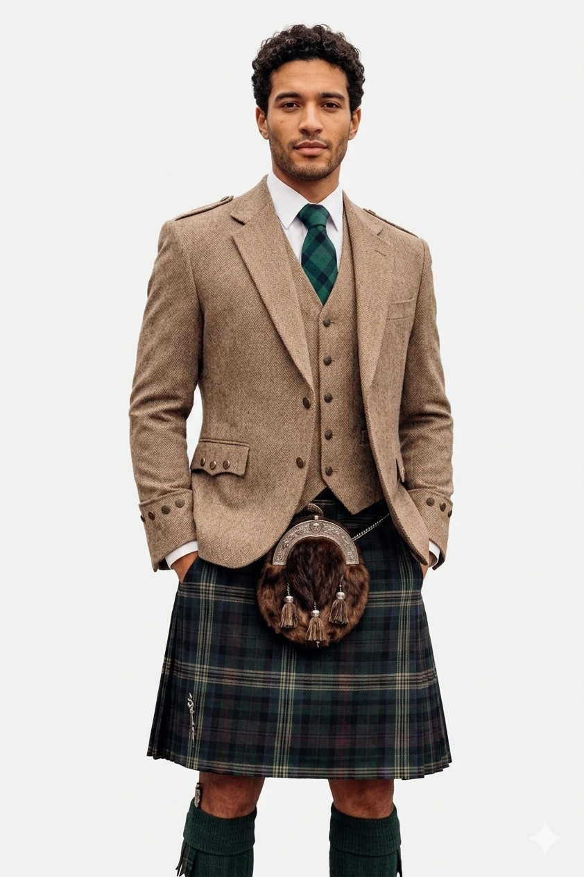 Men’s Highland Khaki Tweed Argyle Jacket Vest Scottish Formal Attire