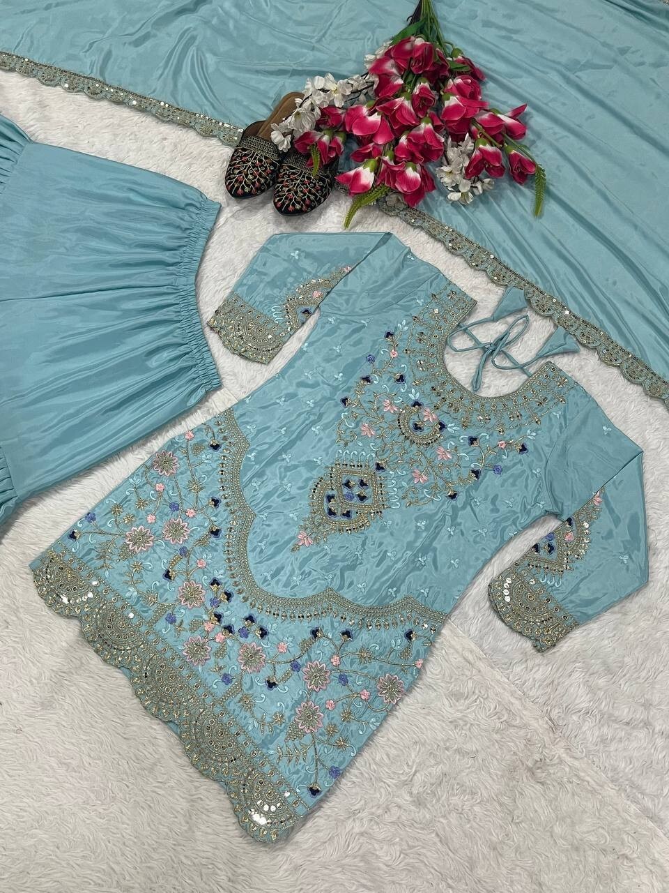 Latest Collection Sky Blue Natural Crepe Kurta Palazzo With Dupatta For Women