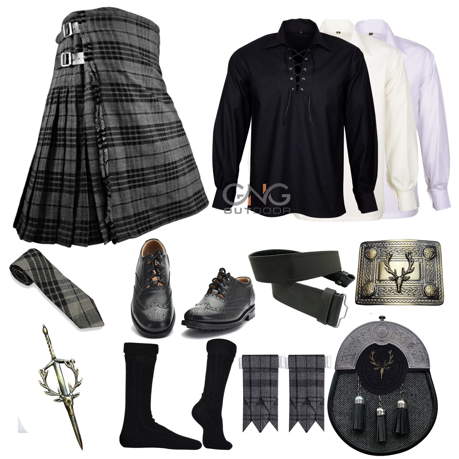 Scottish Men’s 10 Pieces Stag head Sporran Kilt Outfit Complete Wedding kilt Set