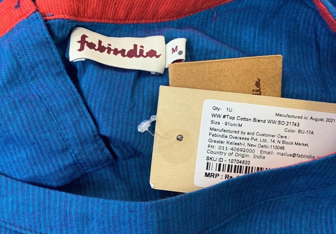Fabindia Medium Kurta Shirt Iridescent Metallic Keyhole Blue Top Blouse Trim NWT