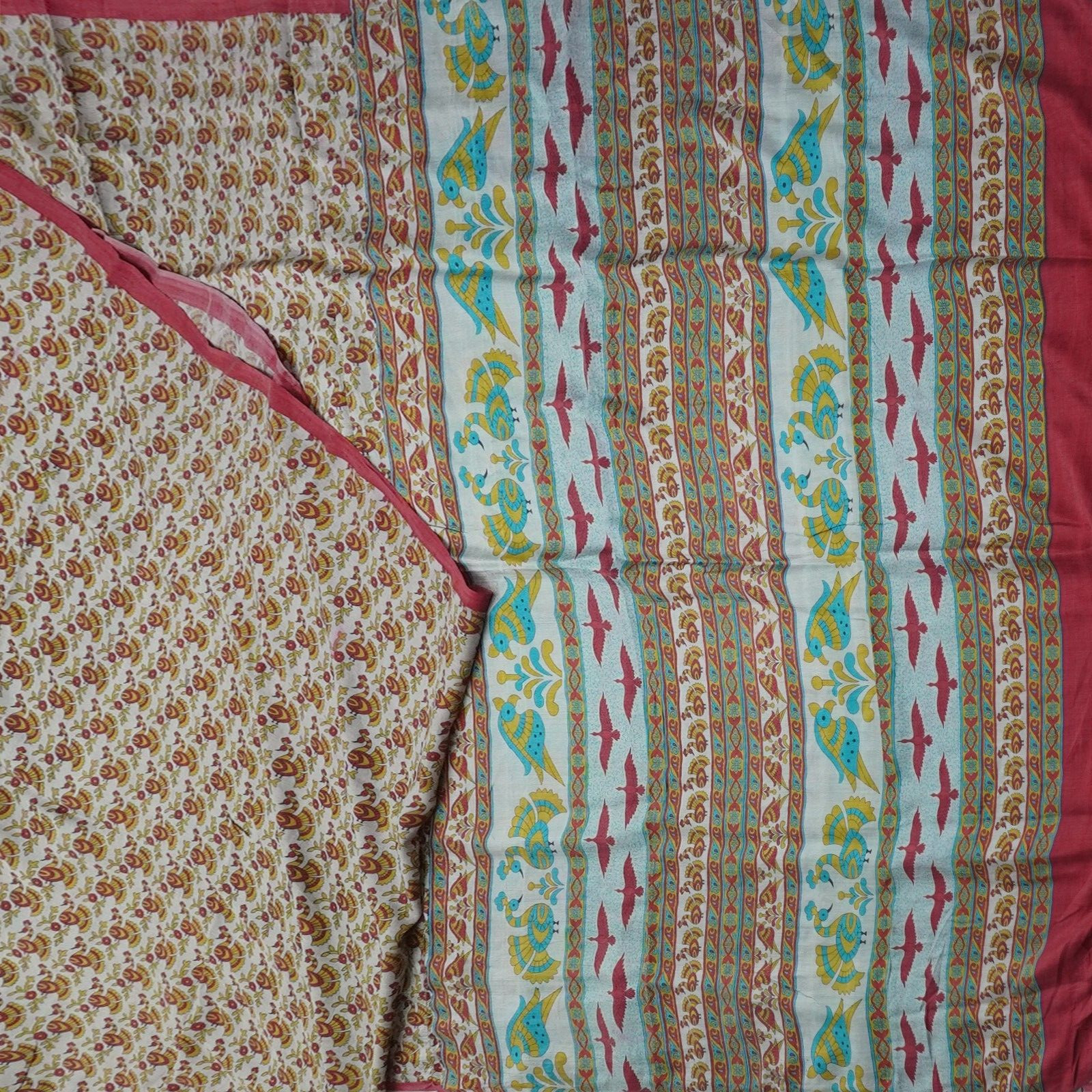 Vintage Multicolor Sarees 100% Pure Silk Bird Printed Sari 5YD Craft Fabric