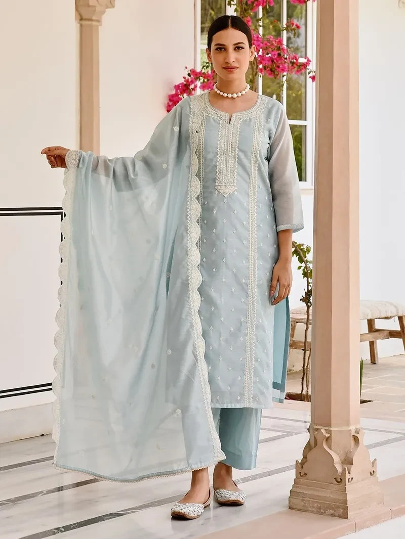 Elegant Light Blue Embroidered Kurta Set for Women with Dupatta | (NF-13)