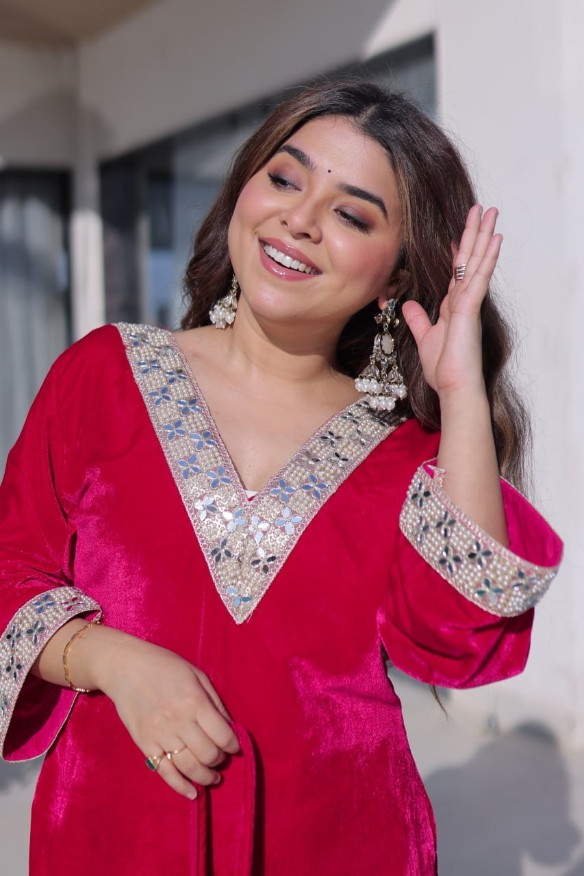 ReadytoWear Velvet Kurti Pant Set | Eid Party Outfit Zari Mirror | S M L XL XXL
