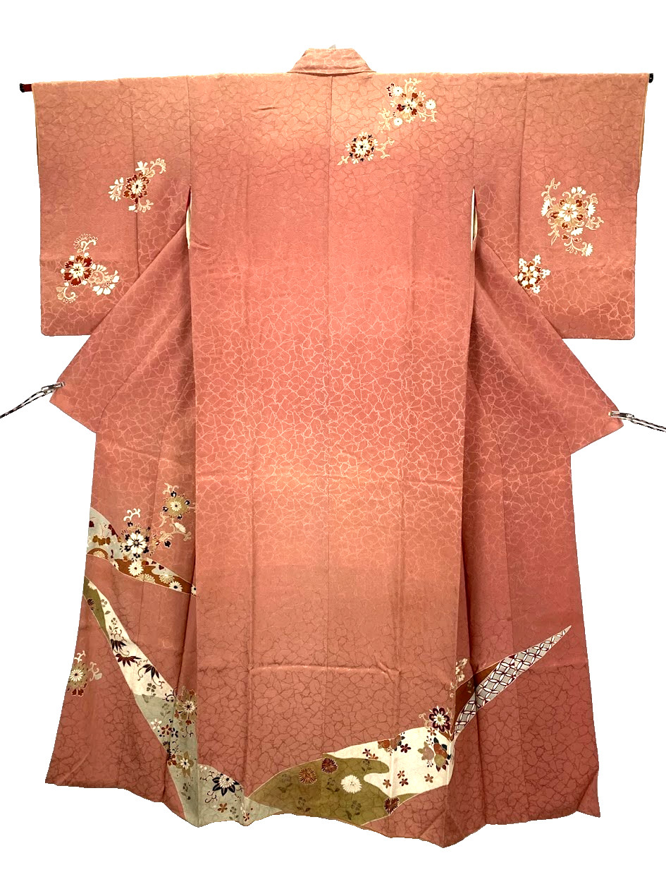 Vintage Japan Houmongi Silk Kimono S Pink Yuzen Sakura Floral Robe Jacket Yuki23
