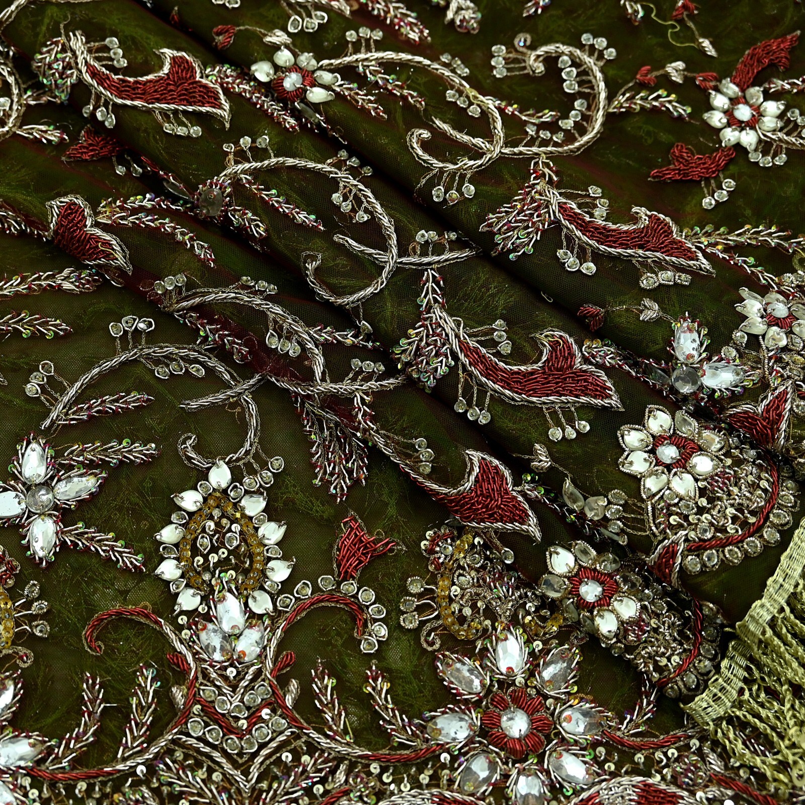 Vintage Heavy Green & Maroon Dupatta Net Mesh Long Stole Hand Embroidered Veil