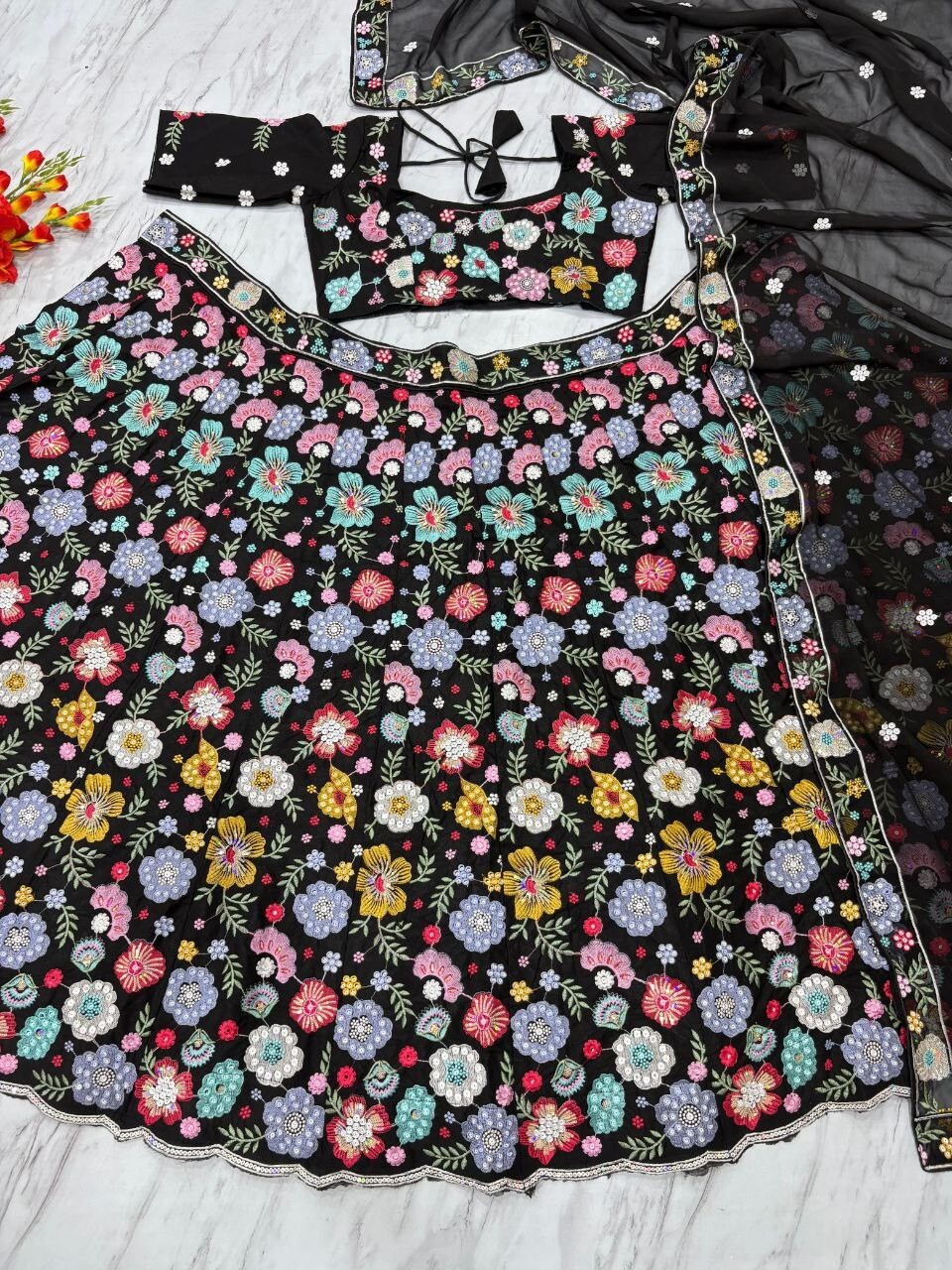 Black Georgette Embrodaried Flower lahenga choli