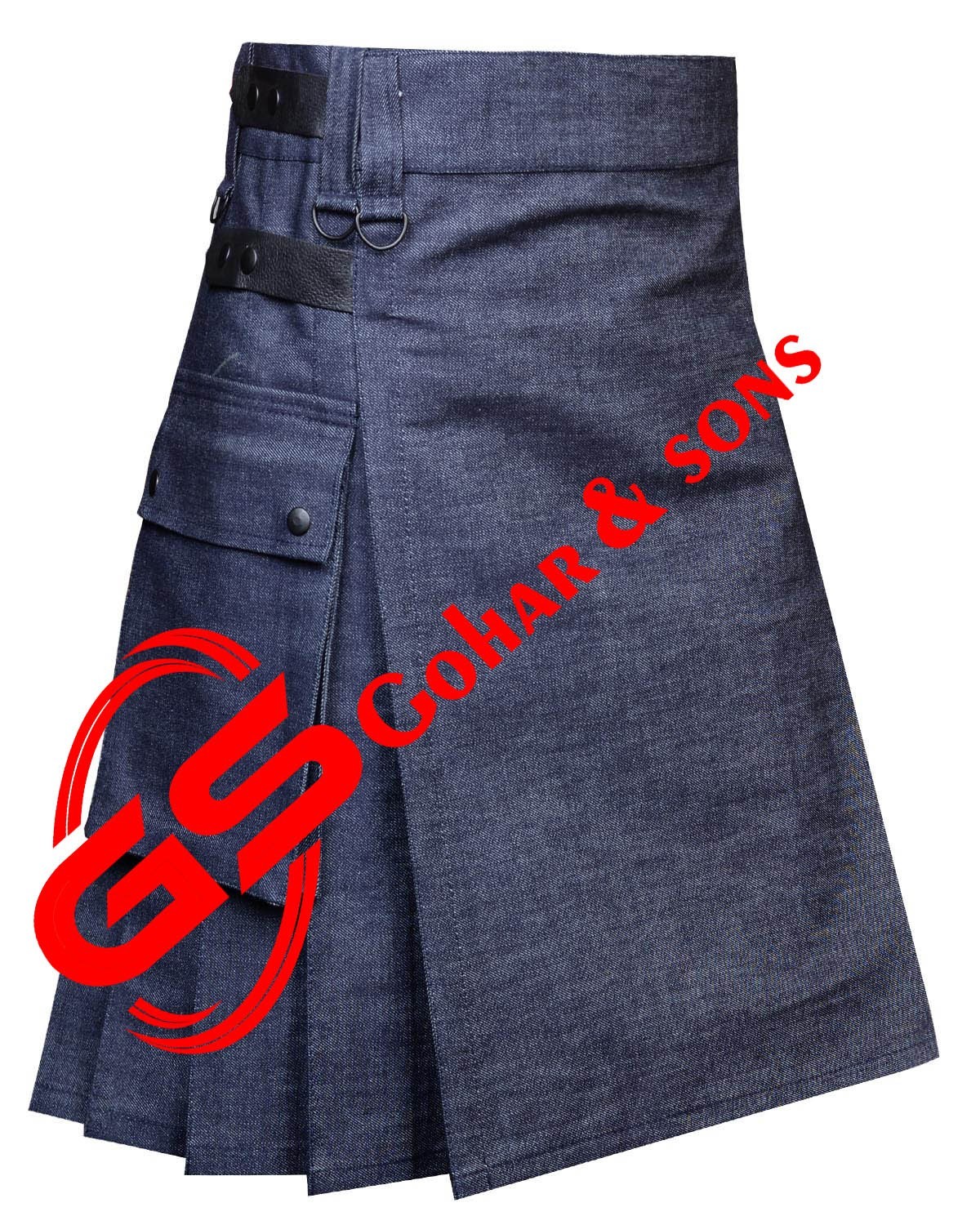 Scottish Handmade Blue Denim Utility Kilt Leather Straps Men’s Custom Size Kilts