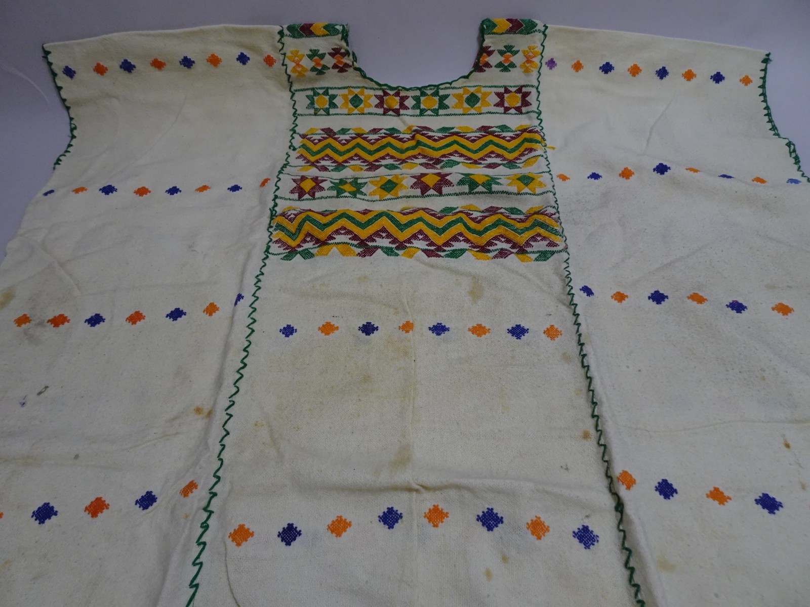 Mexican Cotton Huipil Dress Amuzgo Oaxaca Blue Orange White Maxi Kaftan Tunic