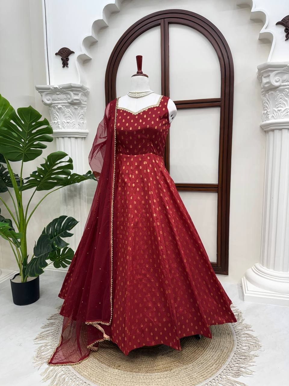 Stylish Chanderi Jacquard Butti Maroon Gown Bottom With Dupatta For Women Wear