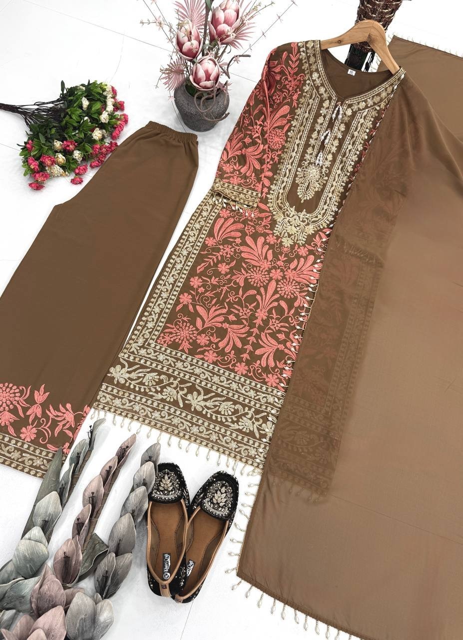 Readymade Brown With Pink Embroidered Kurti Palazzo Pant For Festive Wear