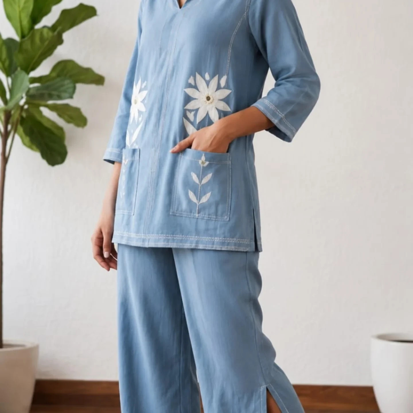 Women Cotton Slub Kurti with Palazzo Set Indian Designer Ethnic Kurta Cord Set