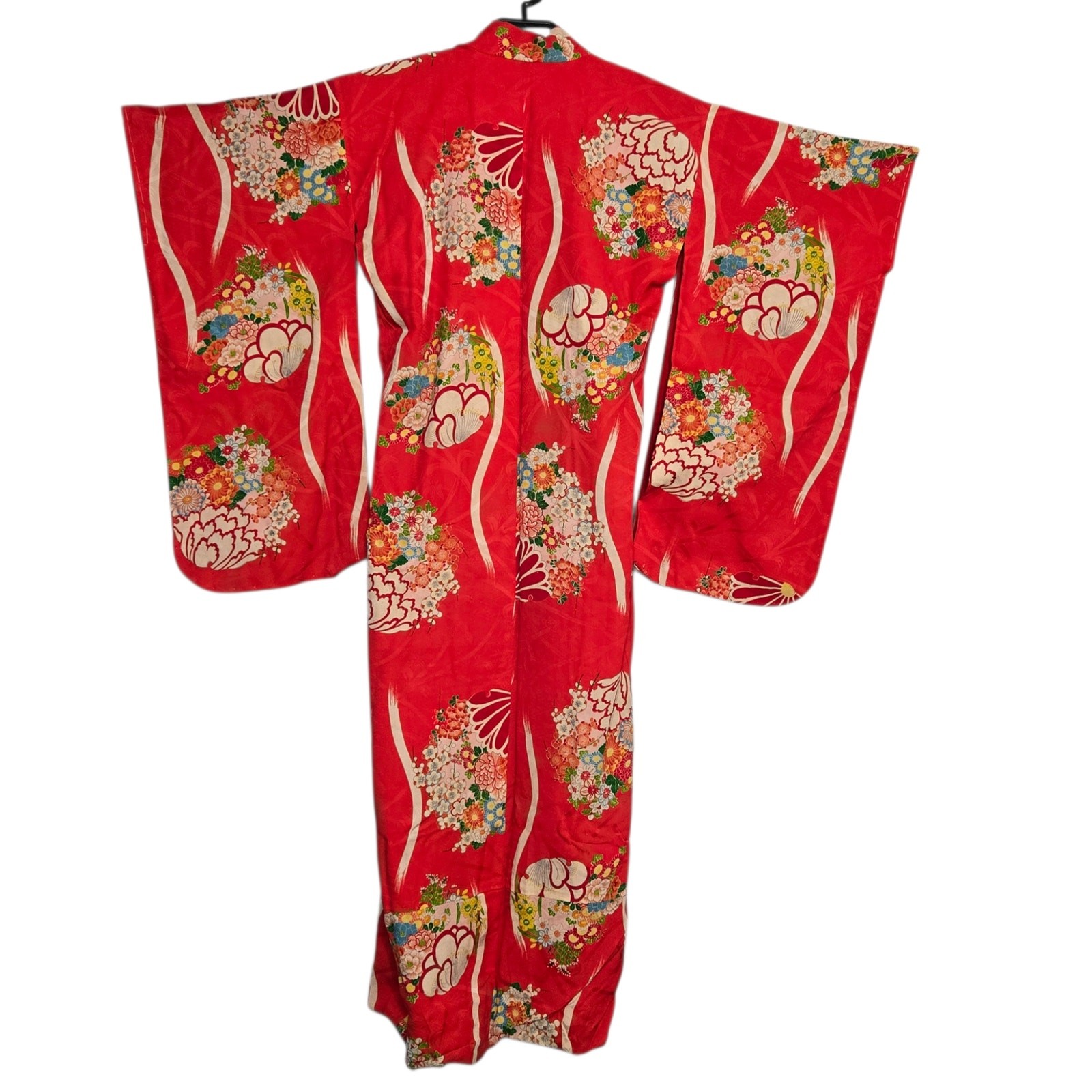 Vintage Kimono Handmade Red Printed Cotton Lined Asian Floral